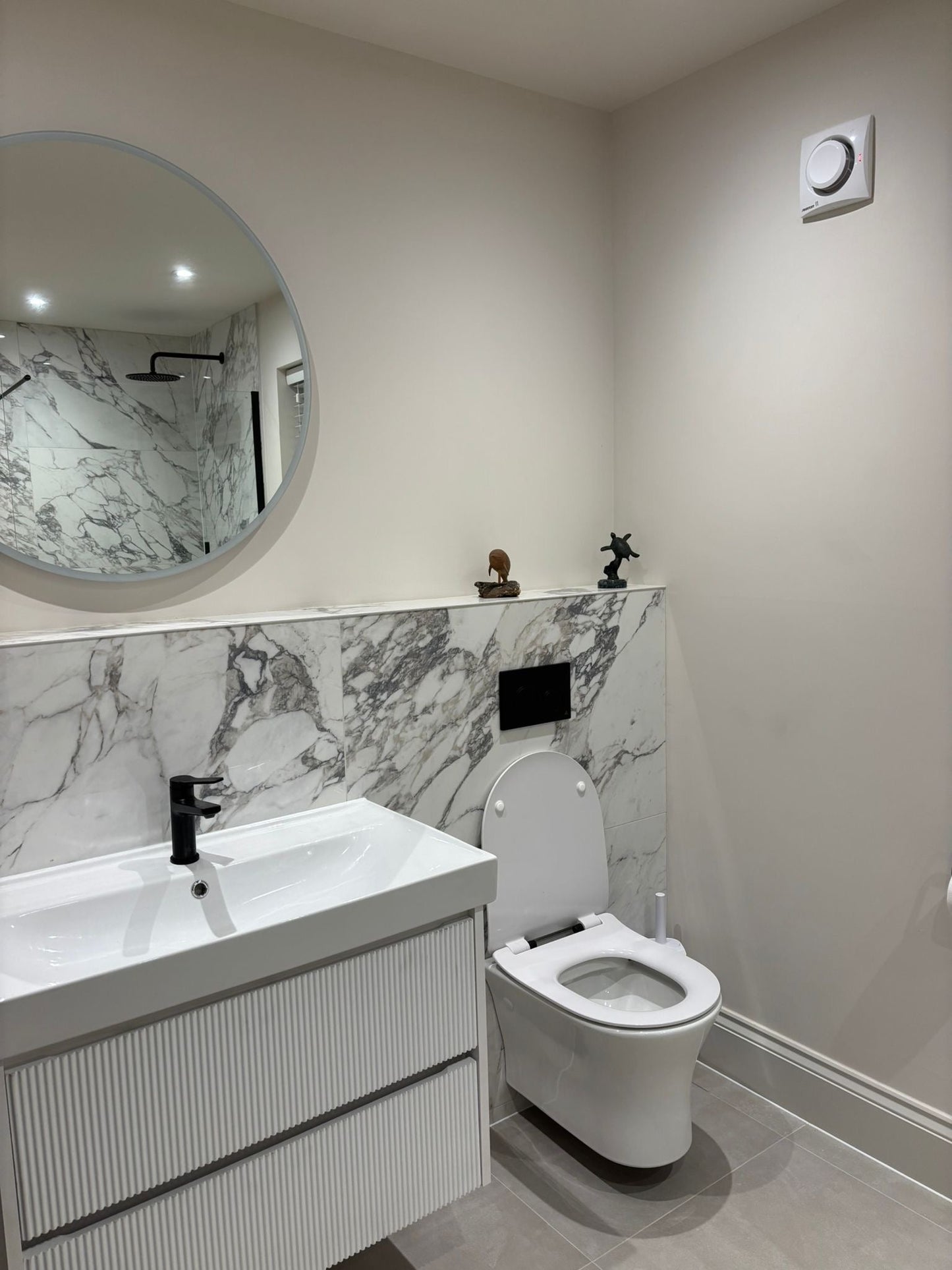 Elementa Arabescato and Warehouse Cloud Grey - Bathroom Renovation, North Yorkshire
