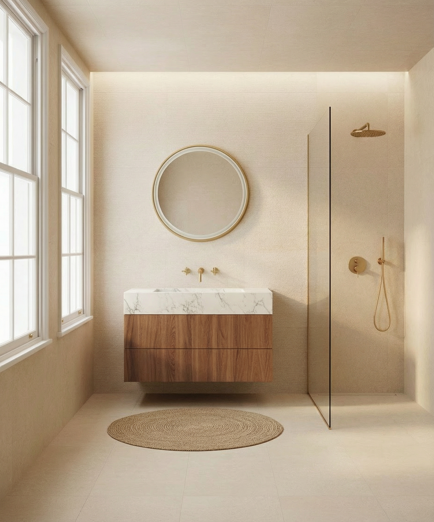 Modern bathroom with wooden vanity, round mirror, and shower area.