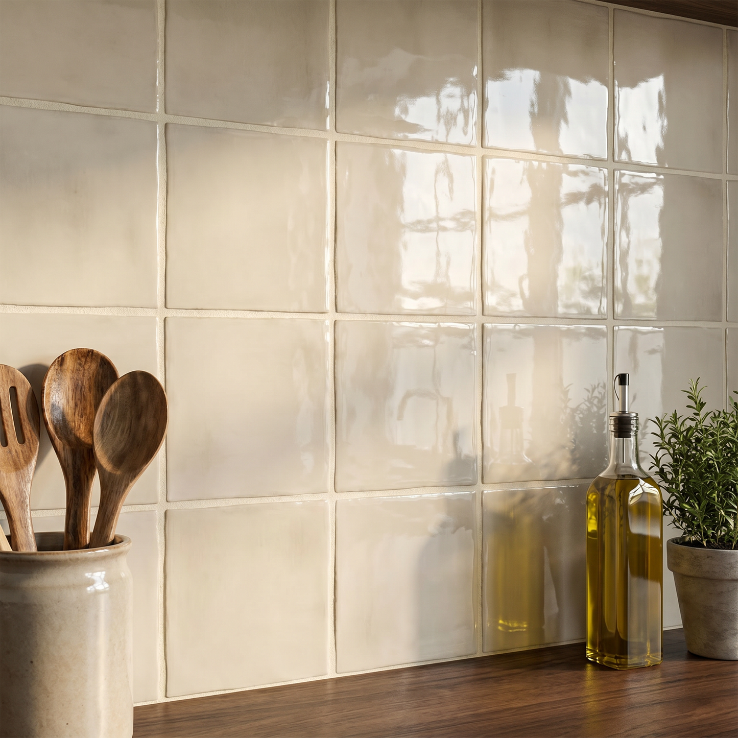 Kitchen counter with tiles, wooden spoons, a bottle, and a plant.