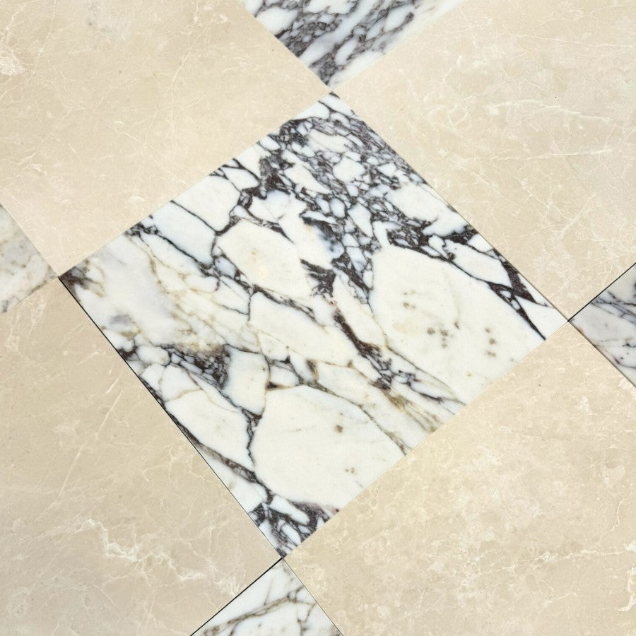 Crema Velato and Calacatta Viola Honed Marble Chequerboard