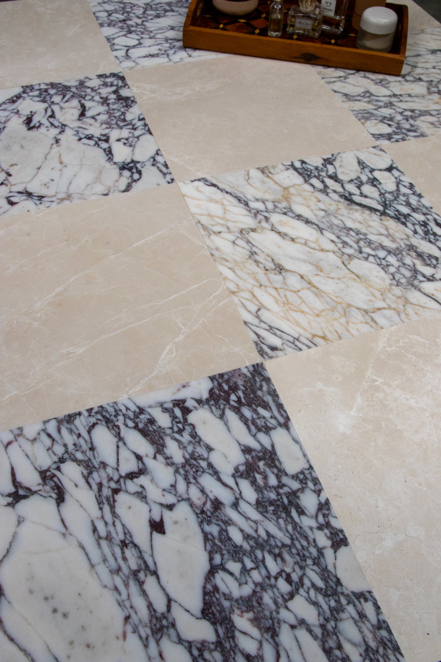 Crema Velato and Calacatta Viola Honed Marble Chequerboard