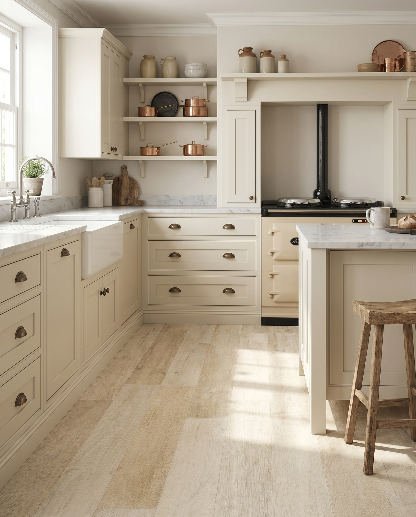 Light-colored kitchen with wooden floor and white cabinets