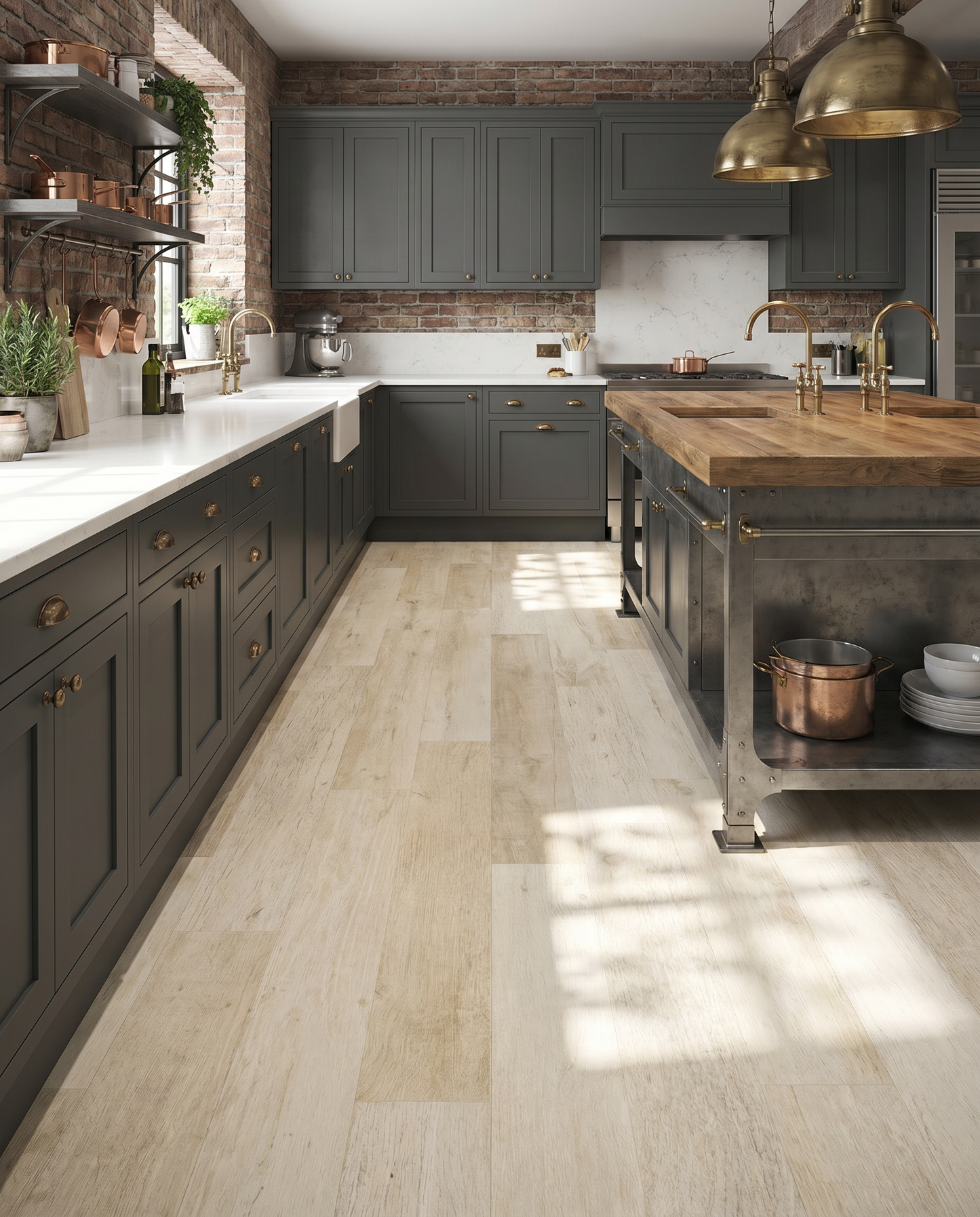 Modern kitchen with dark gray cabinets, wooden island, and brass fixtures.