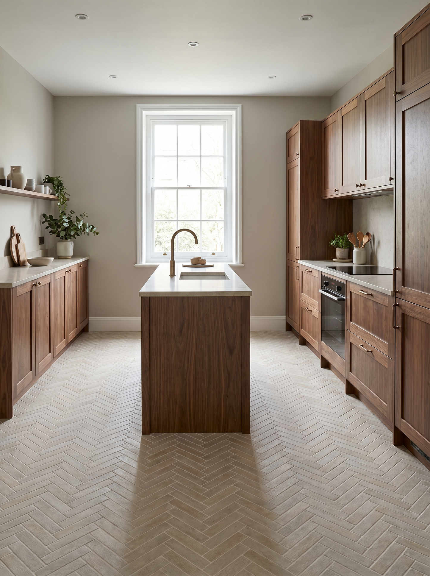 Modern kitchen with wooden cabinets and a central island.