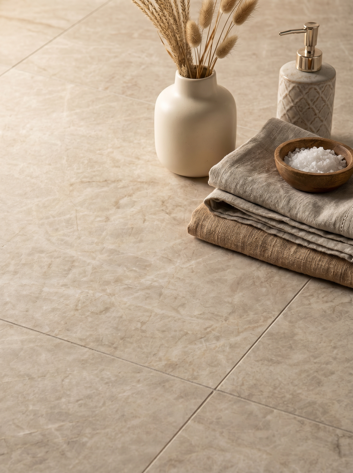 Beige tiles with decorative items including a vase, bowl, and soap dispenser on a tiled floor.