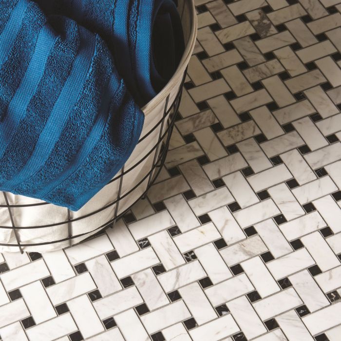 Basketweave (White with Black dot) Polished Marble Mosaic